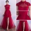 Style Chinois Salle Robe De Ceremonie 2017 Robe De Fete Bordeaux Princesse Asymétrique Col Haut Manches Courtes Dos Nu En Dentelle Appliques Perle Paillettes