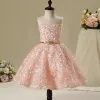 Chic / Beautiful Hall Wedding Party Dresses 2017 Flower Girl Dresses Pearl Pink Short Ball Gown Scoop Neck Sleeveless Backless Rhinestone Metal Sash Appliques Flower