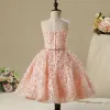 Chic / Beautiful Hall Wedding Party Dresses 2017 Flower Girl Dresses Pearl Pink Short Ball Gown Scoop Neck Sleeveless Backless Rhinestone Metal Sash Appliques Flower