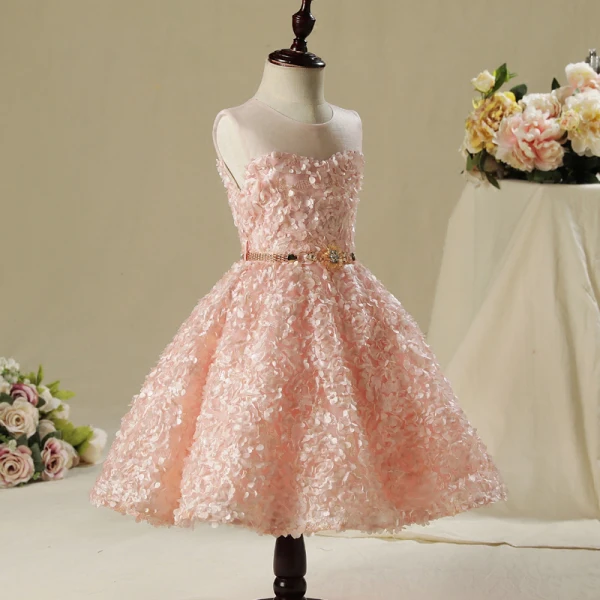 Chic / Beautiful Hall Wedding Party Dresses 2017 Flower Girl Dresses Pearl Pink Short Ball Gown Scoop Neck Sleeveless Backless Rhinestone Metal Sash Appliques Flower