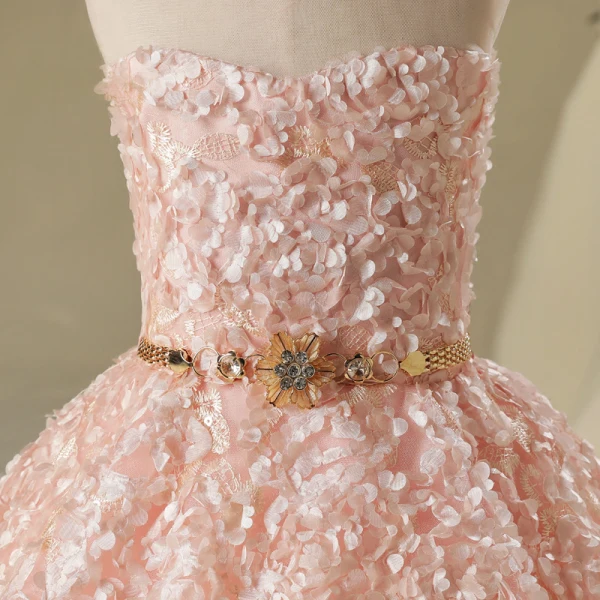 Chic / Beautiful Hall Wedding Party Dresses 2017 Flower Girl Dresses Pearl Pink Short Ball Gown Scoop Neck Sleeveless Backless Rhinestone Metal Sash Appliques Flower