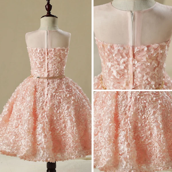 Chic / Beautiful Hall Wedding Party Dresses 2017 Flower Girl Dresses Pearl Pink Short Ball Gown Scoop Neck Sleeveless Backless Rhinestone Metal Sash Appliques Flower