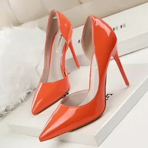 Modest Simple Orange Evening Party Patent Leather Pumps 2022 10 Cm Stiletto Heels Pointed Toe Womens Shoes High Heels