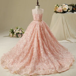 Chic Belle Salle Robe Pour Mariage 2017 Robe Ceremonie Fille Perle Rose Robe Boule Asymétrique Encolure Dégagée Sans Manches Faux Diamant Métal Ceinture Appliques Fleur