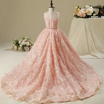 Chic Belle Salle Robe Pour Mariage 2017 Robe Ceremonie Fille Perle Rose Robe Boule Asymétrique Encolure Dégagée Sans Manches Faux Diamant Métal Ceinture Appliques Fleur