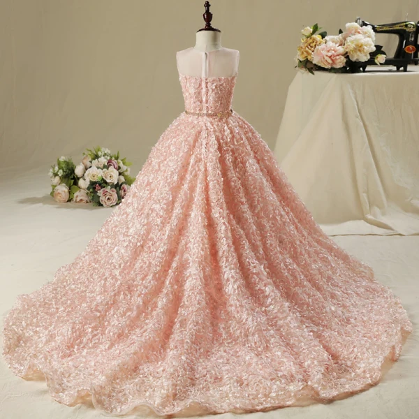 Chic / Beautiful Hall Wedding Party Dresses 2017 Flower Girl Dresses Pearl Pink Ball Gown Asymmetrical Scoop Neck Sleeveless Rhinestone Metal Sash Appliques Flower