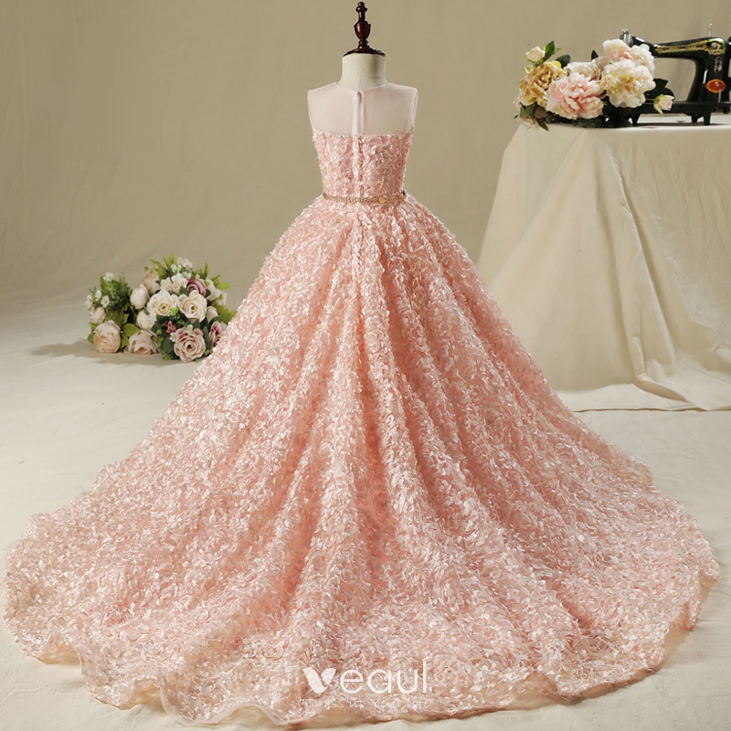 Chic Belle Salle Robe Pour Mariage 2017 Robe Ceremonie Fille Perle Rose Robe Boule Asymetrique Encolure Degagee Sans Manches Faux Diamant Metal Ceinture Appliques Fleur