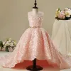 Chic / Beautiful Hall Wedding Party Dresses 2017 Flower Girl Dresses Pearl Pink Ball Gown Asymmetrical Scoop Neck Sleeveless Rhinestone Metal Sash Appliques Flower