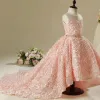 Chic / Beautiful Hall Wedding Party Dresses 2017 Flower Girl Dresses Pearl Pink Ball Gown Asymmetrical Scoop Neck Sleeveless Rhinestone Metal Sash Appliques Flower