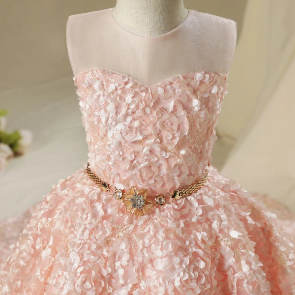 Chic / Beautiful Hall Wedding Party Dresses 2017 Flower Girl Dresses Pearl Pink Ball Gown Asymmetrical Scoop Neck Sleeveless Rhinestone Metal Sash Appliques Flower