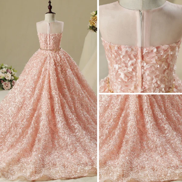 Chic / Beautiful Hall Wedding Party Dresses 2017 Flower Girl Dresses Pearl Pink Ball Gown Asymmetrical Scoop Neck Sleeveless Rhinestone Metal Sash Appliques Flower