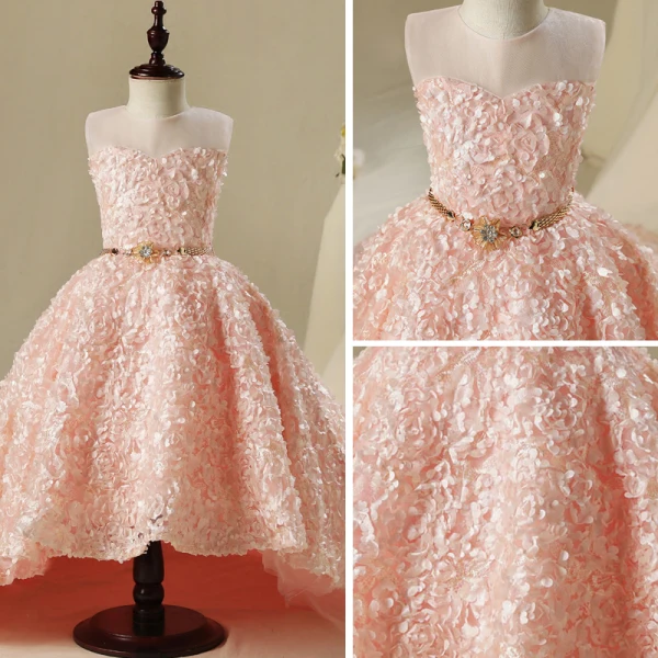 Chic / Beautiful Hall Wedding Party Dresses 2017 Flower Girl Dresses Pearl Pink Ball Gown Asymmetrical Scoop Neck Sleeveless Rhinestone Metal Sash Appliques Flower