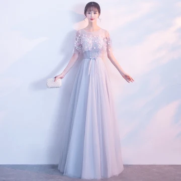 Élégant Gris Transparentes Robe De Soirée Avec Châle 2018 Princesse Encolure Dégagée Sans Manches Appliques Fleur Ceinture Longue Volants Dos Nu Robe De Ceremonie