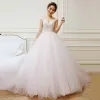 Charming Ivory Blushing Pink Wedding Dresses 2018 A-Line / Princess V-Neck Sleeveless Backless Appliques Flower Beading Ruffle Chapel Train