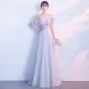 Elegant Grey See-through Evening Dresses  With Shawl 2018 A-Line / Princess Scoop Neck Sleeveless Appliques Flower Sash Floor-Length / Long Ruffle Backless Formal Dresses