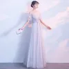 Elegant Grey See-through Evening Dresses  With Shawl 2018 A-Line / Princess Scoop Neck Sleeveless Appliques Flower Sash Floor-Length / Long Ruffle Backless Formal Dresses