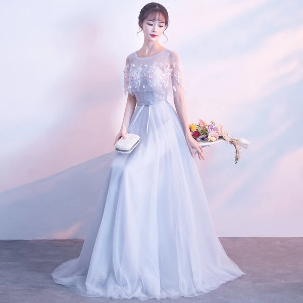 Élégant Gris Transparentes Robe De Soirée Avec Châle 2018 Princesse Encolure Dégagée Sans Manches Appliques Fleur Ceinture Longue Volants Dos Nu Robe De Ceremonie