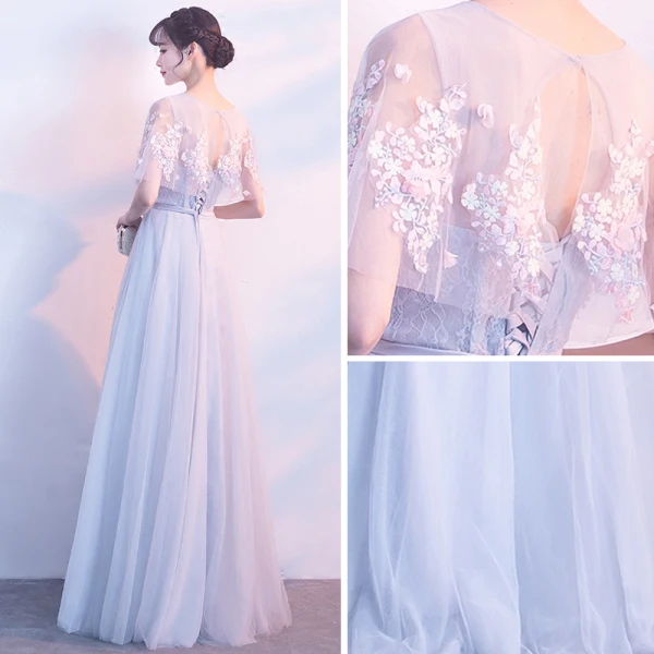 Élégant Gris Transparentes Robe De Soirée Avec Châle 2018 Princesse Encolure Dégagée Sans Manches Appliques Fleur Ceinture Longue Volants Dos Nu Robe De Ceremonie