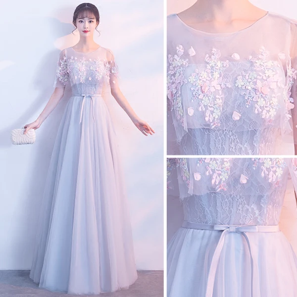Élégant Gris Transparentes Robe De Soirée Avec Châle 2018 Princesse Encolure Dégagée Sans Manches Appliques Fleur Ceinture Longue Volants Dos Nu Robe De Ceremonie