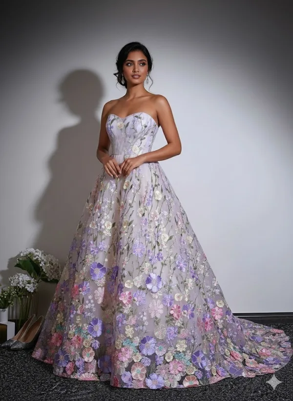 Flower Fairy Multi-Colors Embroidered Flower Prom Dresses 2026 Ball Gown Strapless Sleeveless Backless Floor-Length / Long Prom Formal Dresses