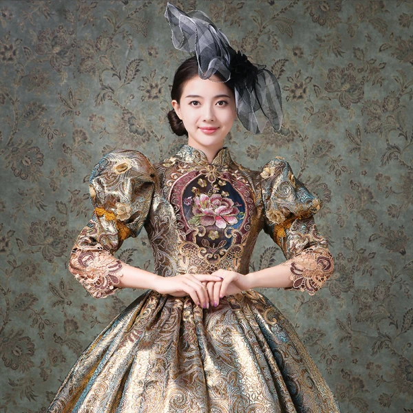 Vintage / Retro Medieval Champagne Ball Gown Prom Dresses 2021 High Neck 3/4 Sleeve Zipper Up Floor-Length / Long Handmade Embroidered Flower Printing Cosplay Prom Formal Dresses