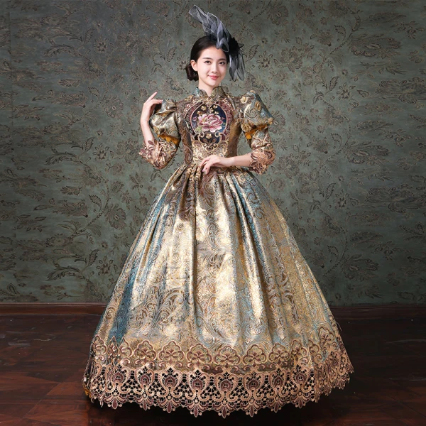 Vintage / Retro Medieval Champagne Ball Gown Prom Dresses 2021 High Neck 3/4 Sleeve Zipper Up Floor-Length / Long Handmade Embroidered Flower Printing Cosplay Prom Formal Dresses