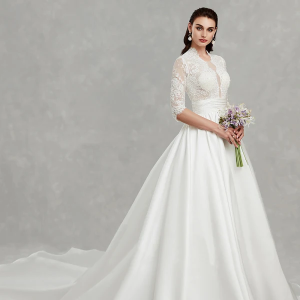 Unique Beste Ivory / Creme Übergröße Brautkleider / Hochzeitskleider 2020 A Linie Tiefer V-Ausschnitt 1/2 Ärmel Applikationen Rückenfreies Perlenstickerei Pailletten Kapelle-Schleppe Hochzeit