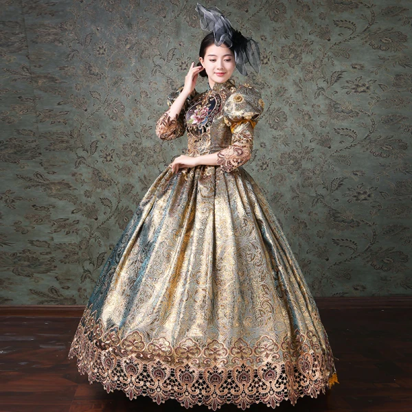 Vintage / Retro Medieval Champagne Ball Gown Prom Dresses 2021 High Neck 3/4 Sleeve Zipper Up Floor-Length / Long Handmade Embroidered Flower Printing Cosplay Prom Formal Dresses