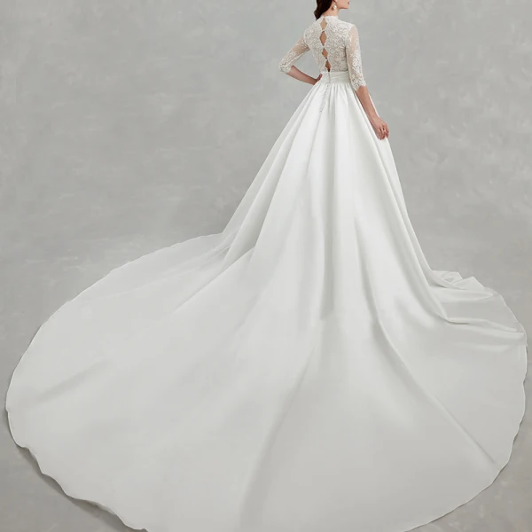 Unique Beste Ivory / Creme Übergröße Brautkleider / Hochzeitskleider 2020 A Linie Tiefer V-Ausschnitt 1/2 Ärmel Applikationen Rückenfreies Perlenstickerei Pailletten Kapelle-Schleppe Hochzeit