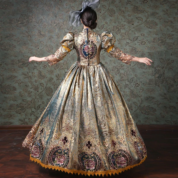 Vintage / Retro Medieval Champagne Ball Gown Prom Dresses 2021 High Neck 3/4 Sleeve Zipper Up Floor-Length / Long Handmade Embroidered Flower Printing Cosplay Prom Formal Dresses