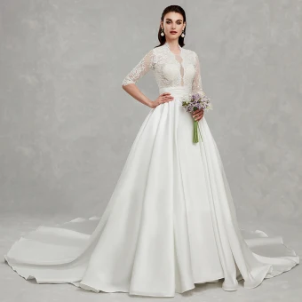 Amazing Unique Best Ivory Plus Size Wedding Dresses 2020 A Line Princess Deep V Neck 1 2 Sleeves Appliques Backless Beading Sequins Chapel Train Wedding