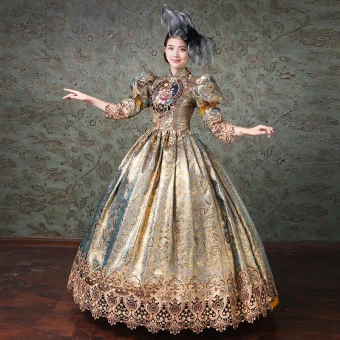 Vintage Retro Medieval Champagne Ball Gown Prom Dresses 2021 High Neck 3 4 Sleeve Zipper Up Floor Length Long Handmade Embroidered Flower Printing Cosplay Prom Formal Dresses
