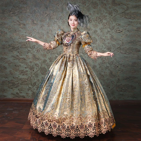 Vintage / Retro Medieval Champagne Ball Gown Prom Dresses 2021 High Neck 3/4 Sleeve Zipper Up Floor-Length / Long Handmade  Embroidered Flower Printing Cosplay Prom Formal Dresses