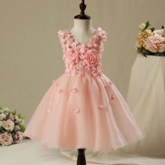 Chic Beautiful Hall Wedding Party Dresses 2017 Flower Girl Dresses Pearl Pink Short Ball Gown Cascading Ruffles V Neck Sleeveless Appliques Flower