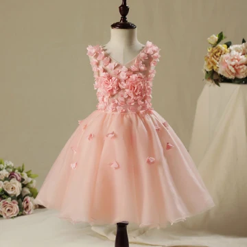 Chic Beautiful Hall Wedding Party Dresses 2017 Flower Girl Dresses Pearl Pink Short Ball Gown Cascading Ruffles V Neck Sleeveless Appliques Flower