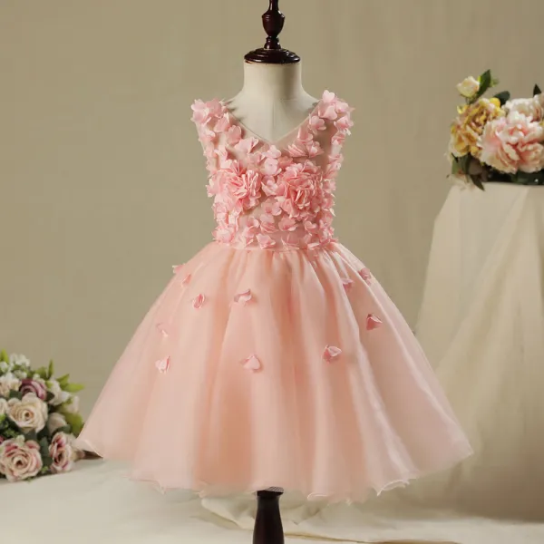 Chic / Beautiful Hall Wedding Party Dresses 2017 Flower Girl Dresses Pearl Pink Short Ball Gown Cascading Ruffles V-Neck Sleeveless Appliques Flower