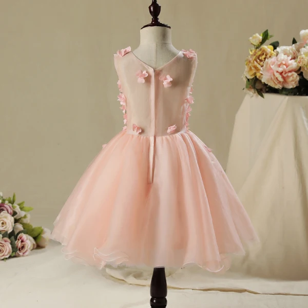 Chic / Beautiful Hall Wedding Party Dresses 2017 Flower Girl Dresses Pearl Pink Short Ball Gown Cascading Ruffles V-Neck Sleeveless Appliques Flower