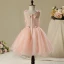 Chic / Beautiful Hall Wedding Party Dresses 2017 Flower Girl Dresses Pearl Pink Short Ball Gown Cascading Ruffles V-Neck Sleeveless Appliques Flower