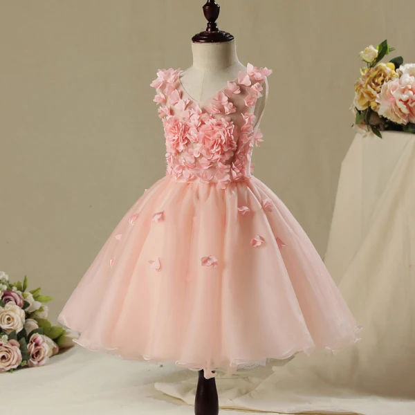 Chic / Beautiful Hall Wedding Party Dresses 2017 Flower Girl Dresses Pearl Pink Short Ball Gown Cascading Ruffles V-Neck Sleeveless Appliques Flower