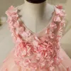 Piękne Sala Sukienki Na Wesele 2017 Sukienki Dla Dziewczynek Różowy Perłowy Krótkie Suknia Balowa Kaskadowe Falbany V-Szyja Bez Rękawów Aplikacje Kwiat