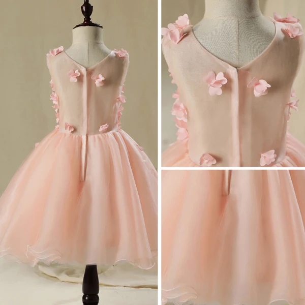 Chic / Beautiful Hall Wedding Party Dresses 2017 Flower Girl Dresses Pearl Pink Short Ball Gown Cascading Ruffles V-Neck Sleeveless Appliques Flower