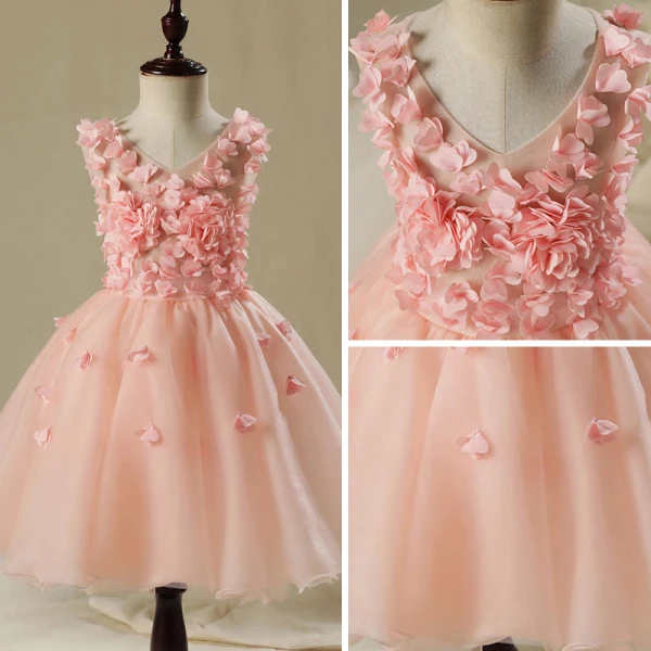 Chic / Beautiful Hall Wedding Party Dresses 2017 Flower Girl Dresses Pearl Pink Short Ball Gown Cascading Ruffles V-Neck Sleeveless Appliques Flower
