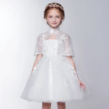 2 Piece Church Wedding Party Dresses 2017 Flower Girl Dresses White Short Ball Gown Cascading Ruffles 1 2 Sleeves High Neck Lace Appliques Beading