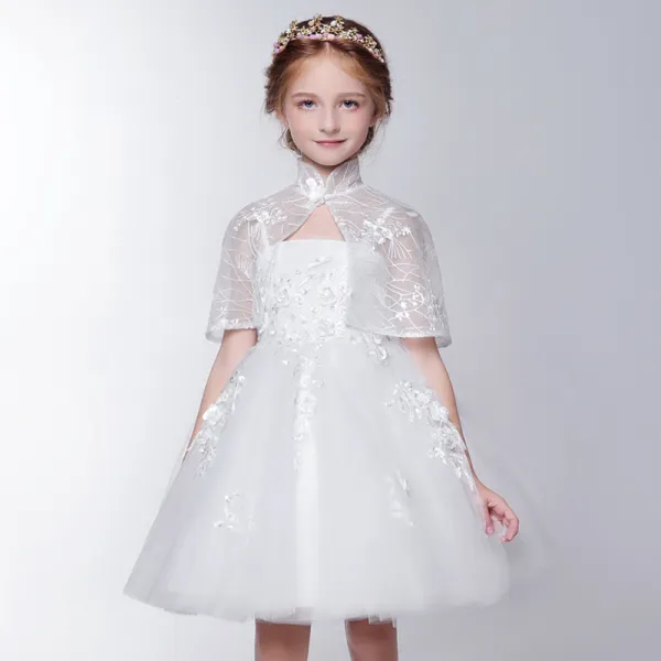 2 Piece Church Wedding Party Dresses 2017 Flower Girl Dresses White Short Ball Gown Cascading Ruffles 1/2 Sleeves High Neck Lace Appliques Beading