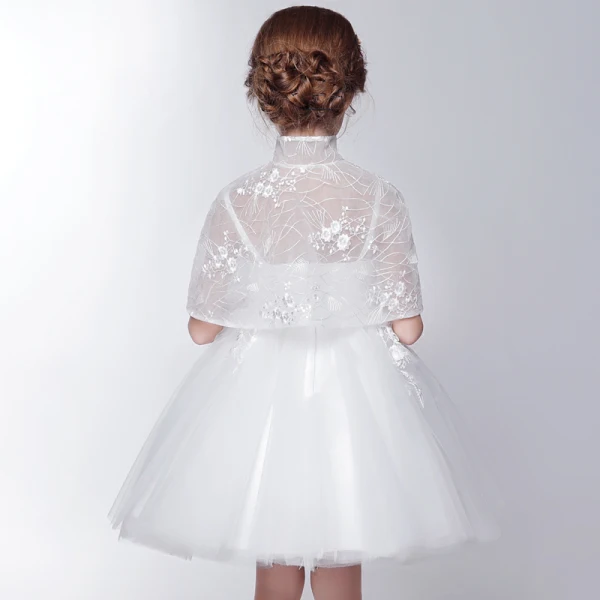 2 Piece Church Wedding Party Dresses 2017 Flower Girl Dresses White Short Ball Gown Cascading Ruffles 1/2 Sleeves High Neck Lace Appliques Beading