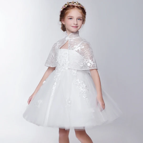 2 Piece Church Wedding Party Dresses 2017 Flower Girl Dresses White Short Ball Gown Cascading Ruffles 1/2 Sleeves High Neck Lace Appliques Beading