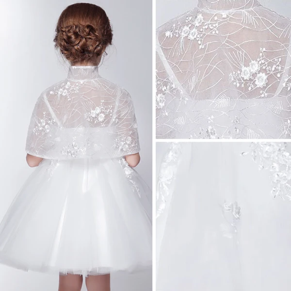2 Piece Church Wedding Party Dresses 2017 Flower Girl Dresses White Short Ball Gown Cascading Ruffles 1/2 Sleeves High Neck Lace Appliques Beading