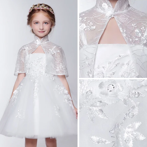 2 Piece Church Wedding Party Dresses 2017 Flower Girl Dresses White Short Ball Gown Cascading Ruffles 1/2 Sleeves High Neck Lace Appliques Beading