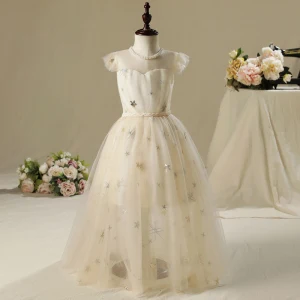 Chic Belle Église Robe Pour Mariage 2017 Robe Ceremonie Fille Champagne Longue Princesse Perle Encolure Dégagée Sans Manches Tresser Ceinture Paillettes Appliques
