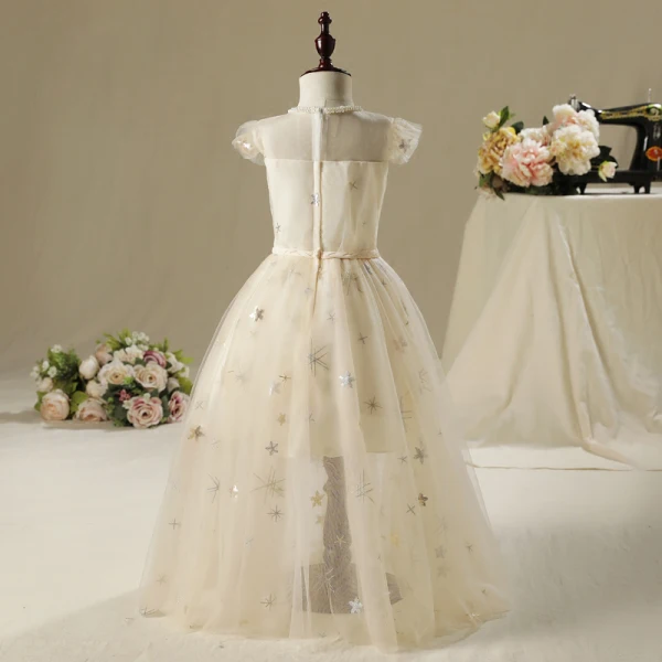 Chic / Beautiful Church Wedding Party Dresses 2017 Flower Girl Dresses Champagne Floor-Length / Long A-Line / Princess Pearl Scoop Neck Sleeveless Braid Sash Sequins Appliques